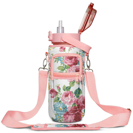 64 OZ Floral Water Bottle with Sleeve - Leakproof Water Jug with Time Marker
